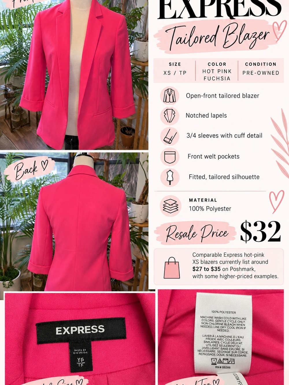 Express Hot Pink Fuchsia Tailored Open Front Blazer Size XS